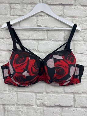 Cacique Boost Balconette Bra 44D Red Rose Floral Lace Underwire Underwire